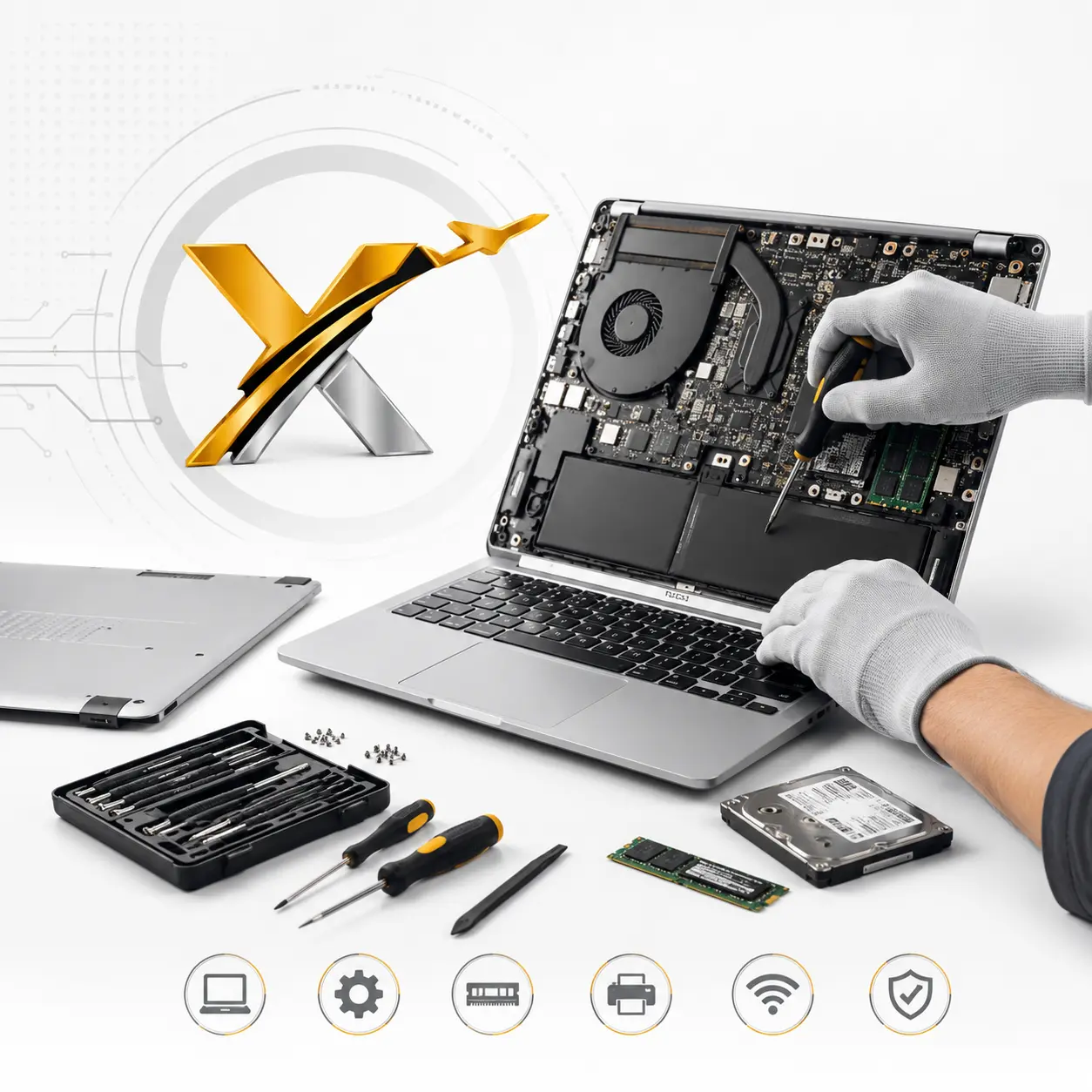 Técnico realizando manutenção interna e reparo eletrônico em notebook